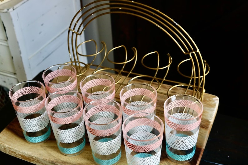 Vintage Anchor Hocking Geometric Tumblers with Carrier, Retro Kitchenalia, Pink White & Teal Drinking Glasses, Mid Century Kitchen Drinkware