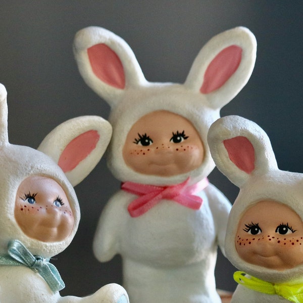 Child Bunny Figurines, Vintage Easter Decor, Three Cute Kids dressed in Rabbit Pajamas, Grandma Gift, Grannycore Kitsch, Grand Millennial