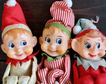 Large Knee Hugger Elf Figurine, Vintage Christmas Decor, CHOOSE Gold, Red or Striped Elf, Cute Pixie Ornament, Collector Gift, Grannycore