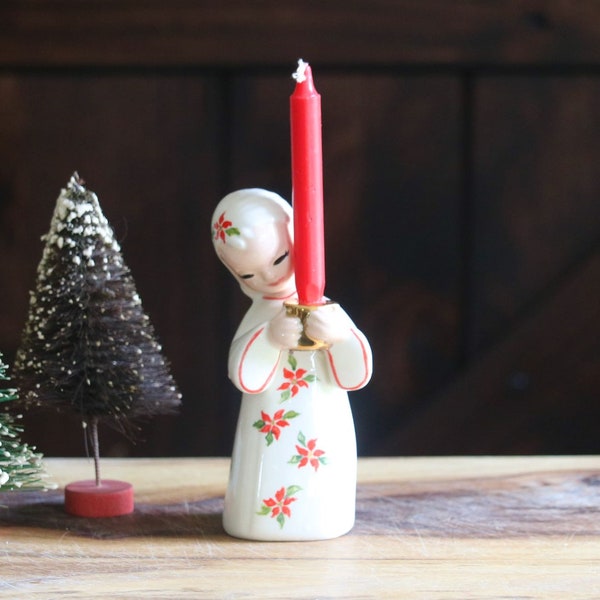 Poinsettia Girl Candle Holder, Vintage Christmas Decor, Sweet Robed Girl Figurine holds Red Candle, 1966 Hobbyist Art, Host Gift, Grannycore