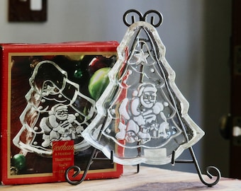 Gorham Tree Treat Dish, Vintage Christmas Decor, Holiday Tableware, Christmas Tree Shaped Candy Dish w/ Embossed Santa & Presents, Host Gift