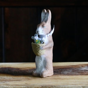 May include: A tall, light brown rabbit figurine holding a woven basket with a small stuffed animal and a decorated egg. The rabbit has blue eyes and white accents. The figurine is displayed on a wooden surface.