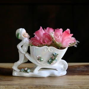 Vintage Lefton Pixie Planter, Retro Spring Decor, Iridescent Elf pushing Wheelbarrow Plant Holder with DAMAGED Applied Flowers, Grannycore