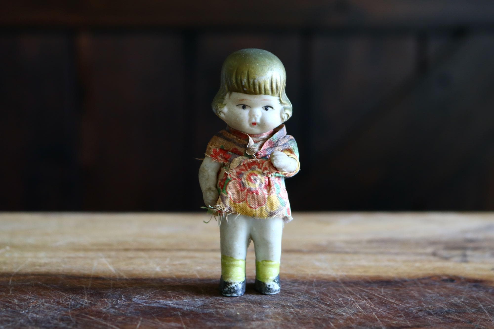 Vintage Frozen Charlotte Figurine, Kitschy Spring Decor, Cute Penny Doll w/ Gold Hair & Jointed Arms, Gift for Collector, Grannycore Kitsch
