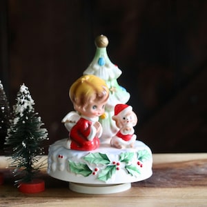 Josef Originals Music Box, Vintage Christmas Decor, Musical Kneeling Angel and Santa Dog by Christmas Tree, Holiday Mantel Decor, Grannycore
