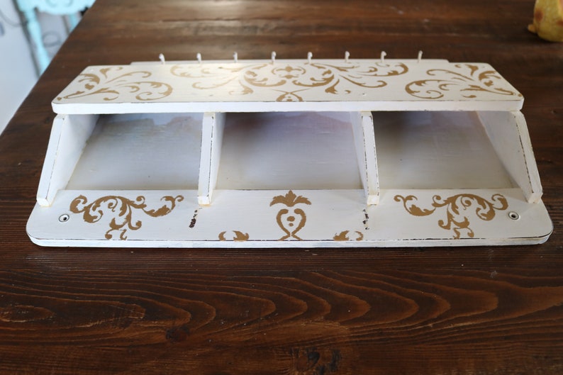 French Farmhouse Decor 3 Slot Wood Letter Organizer with 8 Key Hooks Vintage Wall Mount Mail Holder for Rustic Entryway Decor