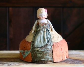 Antique Girl Pin Cushion, Sewing Room Decor, Vintage Bisque Doll Pincushion in Tattered Dress, Collector Gift, Grannycore Kitsch, Victoriana