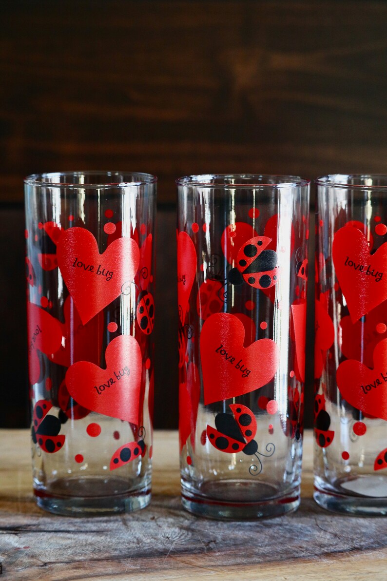 Gift for Ladybug Lover Spring Kitchen Anchor Hocking Clear and Red Glasses 4 Lady Bug and Heart Tumblers for Vintage Valentine Day Decor