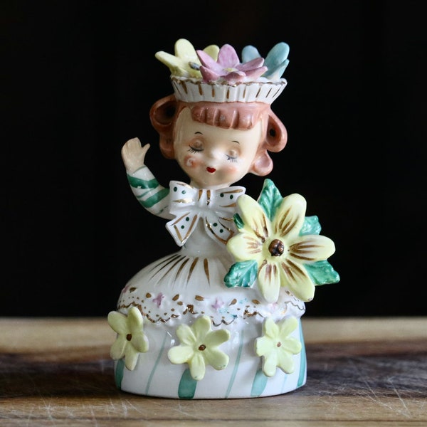 Vintage Ucagco Sweet Shoppe Girl Bell, Cute Spring Decor, Girl Dressed in Floral Dress with Cute Flower Hat, Grannycore Kitsch, RESTORED