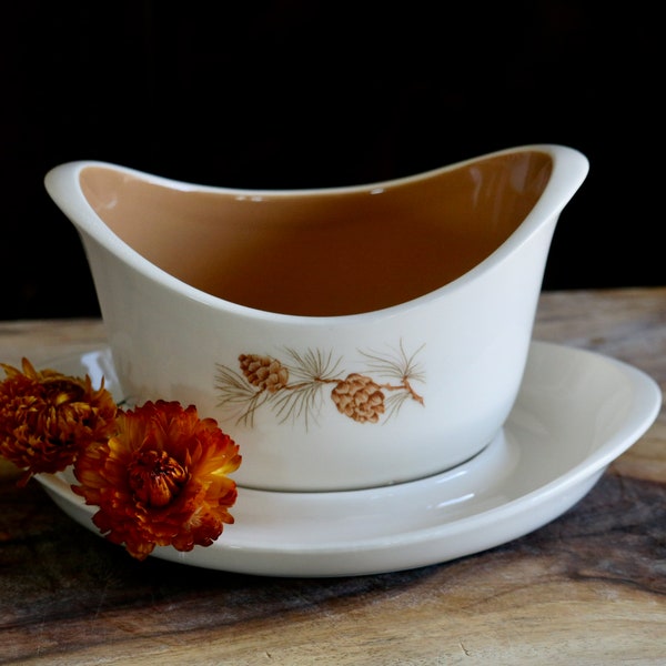 Vintage Gravy Boat with Underplate, Harmony House Mocha Pinecone Design, Gift for Hostess, Elegant Fall Tableware, Retro Kitchenalia