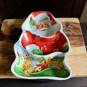 Vintage Santa Tray, Retro Plastic Kitschy Christmas Platter, Gift Container for Cookie and Candy Exchange, Holiday Partyware, Hostess Gift