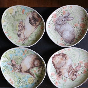 May include: A set of four oval ceramic plates featuring detailed illustrations of rabbits in various poses. Each plate displays a unique rabbit surrounded by soft green, blue, and peach floral patterns, creating a cohesive collection of decorative dinnerware.
