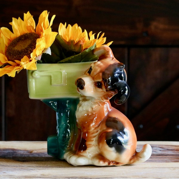 Vintage Royal Copley Dog Planter, Cute Spring Decor, Cute Pup waits by Mailbox for Snack! Grannycore Kitsch, Dog Plant Pot, Dog Treat Holder