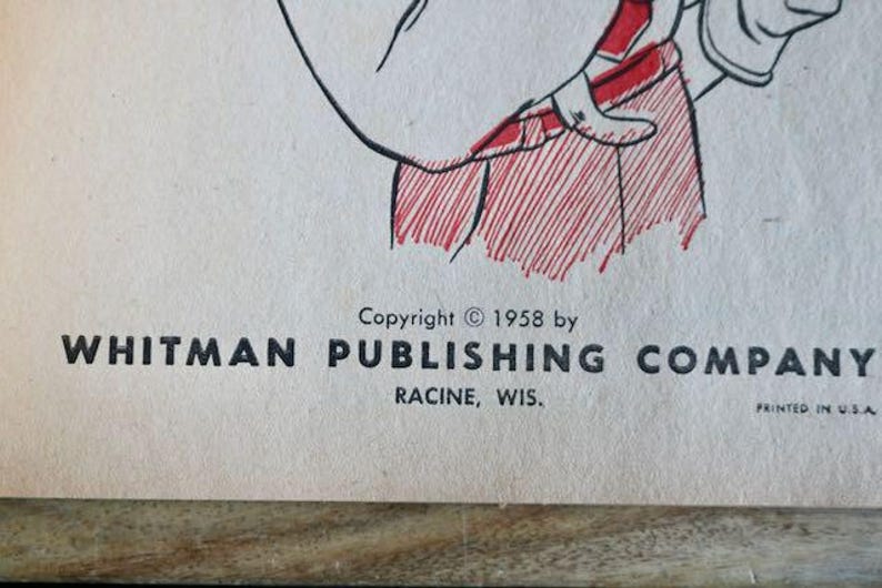 May include: Vintage illustration fragment featuring a partial figure in a red and white outfit, with black outlines. The text reads "Copyright &copy; 1958 by WHITMAN PUBLISHING COMPANY RACINE, WIS. PRINTED IN U.S.A."