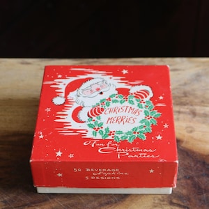 Paper Christmas Napkins IOB, Vintage Holiday Tableware, 50 Beverage Napkins w 5 Designs, Fun for Christmas Party! Collector Gift, Grannycore