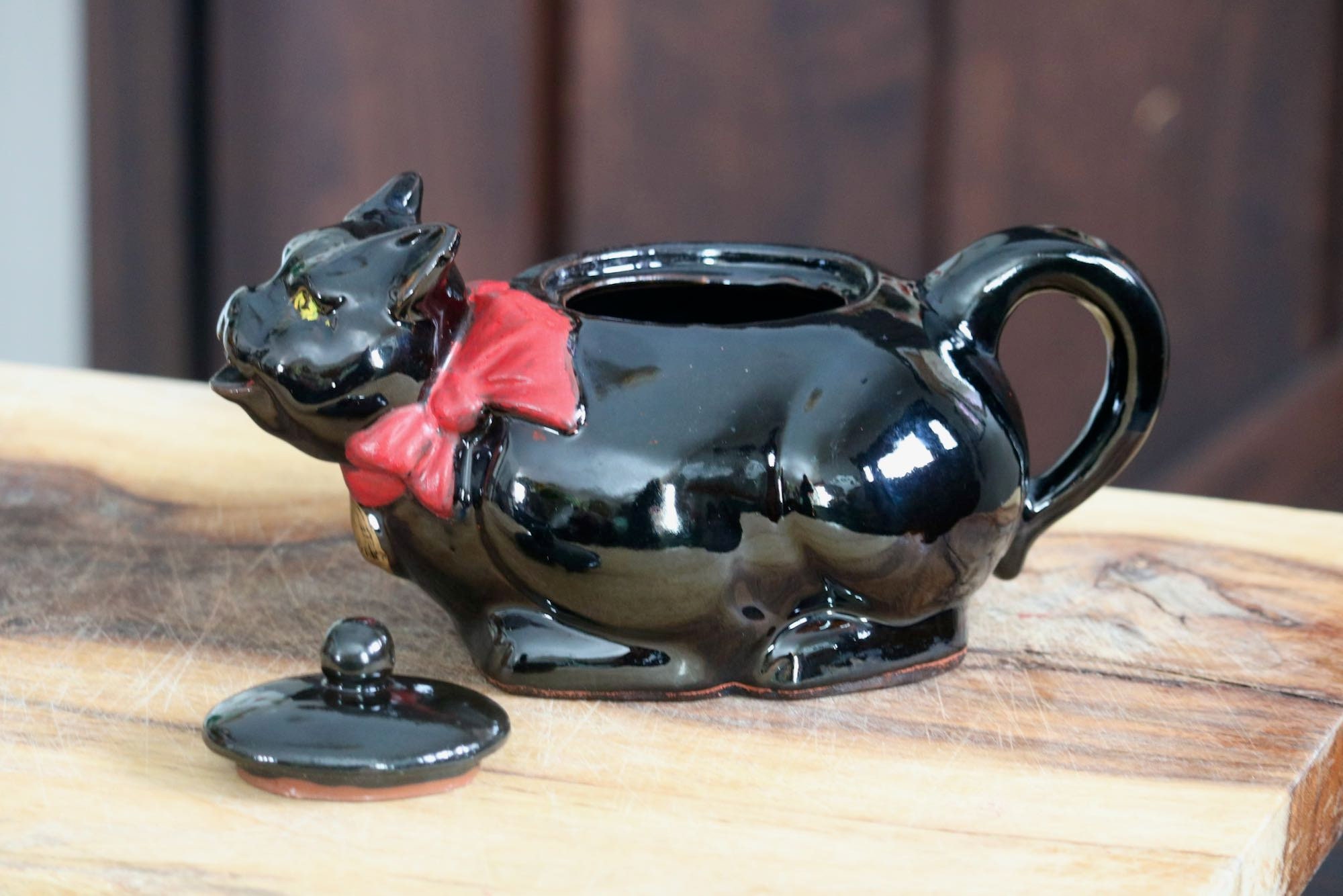 REDWARE CAT Teapotblack Redware Potteryblack Catyellow 