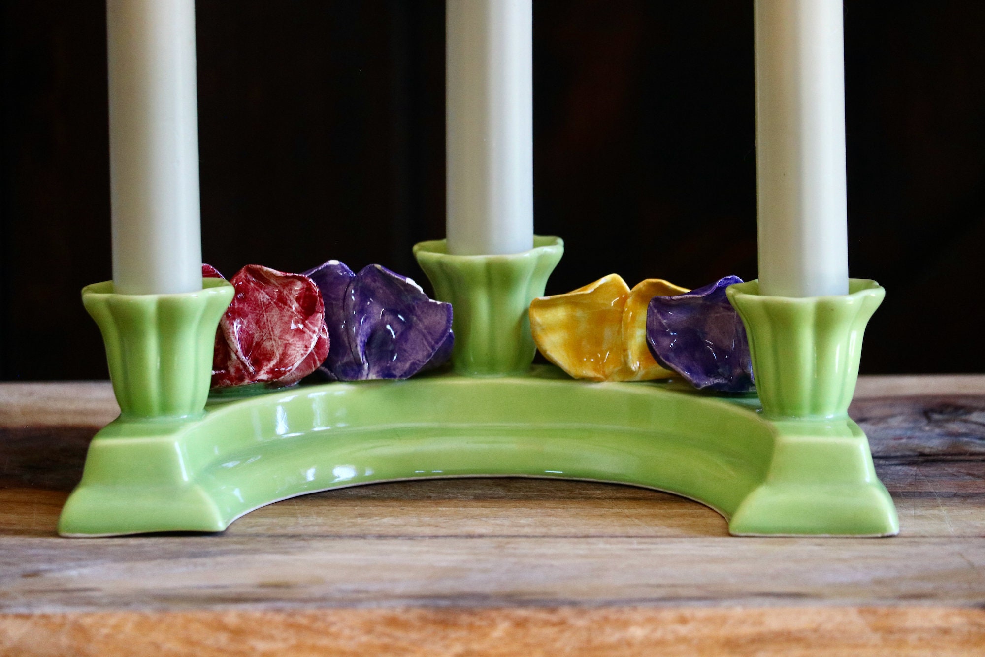 Vintage Lime Green Taper Candle Holder With 3D Pansy Flowers Etsy