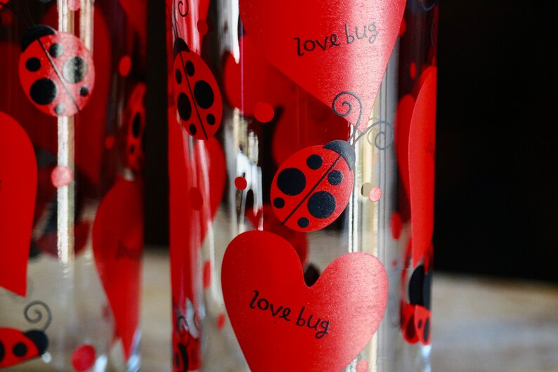 Gift for Ladybug Lover Spring Kitchen Anchor Hocking Clear and Red Glasses 4 Lady Bug and Heart Tumblers for Vintage Valentine Day Decor