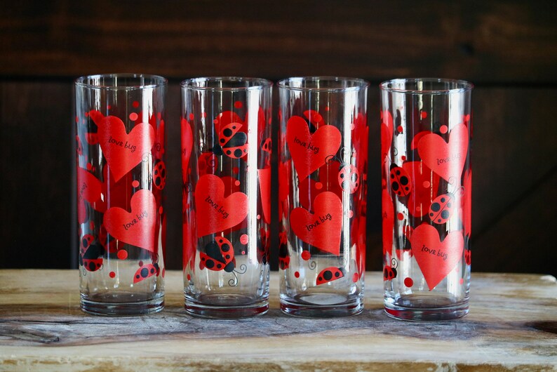 Gift for Ladybug Lover Spring Kitchen Anchor Hocking Clear and Red Glasses 4 Lady Bug and Heart Tumblers for Vintage Valentine Day Decor