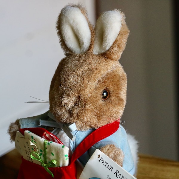 Vintage Plush Peter Rabbit with Mailbag, 1980s Eden Toy Bunny, Happy Holidays Beatrix Potter Stuffed Animal, Gift for Collector, Grannycore