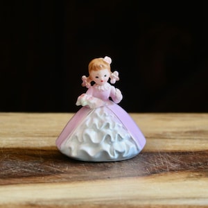 Vintage Josef Originals TYPE Girl Figurine holds Bouquet, Kitschy Spring Decor, Little Girl with Braids holding Pink Flowers, Collector Gift