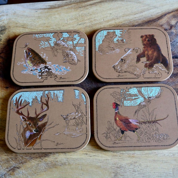 Vintage Wildlife Coasters, Retro Lakehouse Decor, 4 Coasters with Bear, Pheasant, Elk and Bass, Host Gift, Grannycore Kitsch, Novelty Avon