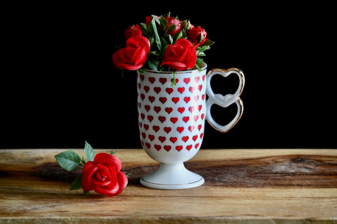 Pedestal Mug With Double Heart Handle, Vintage Valentine Cup, Heart Mug