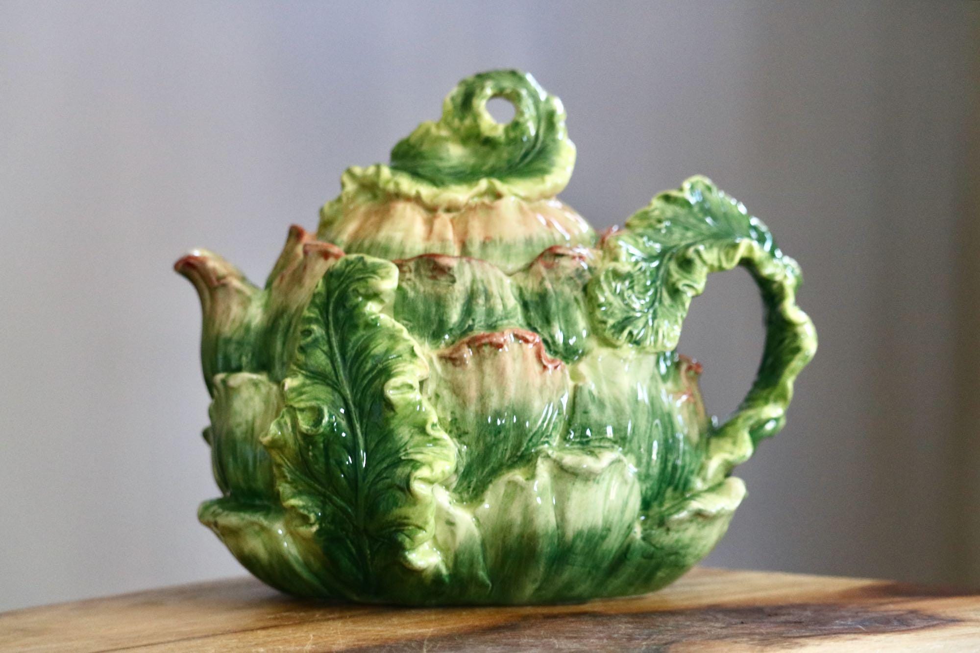 Vintage Kaldun and Bogle Cabbage Teapot, Retro Kitchenalia, Majolica Cabbage Head Shaped Teapot w/ Lid, Collector Gift, Grannycore Kitsch