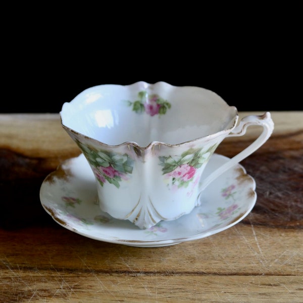 Antique RS Prussia Rose Teacup, Vintage Tea Party Dish, Delicate Porcelain Art Nouveau Hand Painted Flowers & Gilding Cup, WRONG SAUCER