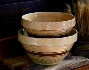 Vintage Yelloware Nesting Bowls, Retro Kitchenalia, Brown Band Pottery, Robinson Ransbottom, Stoneware Mixing Bowls, Farm Kitchen, DAMAGE