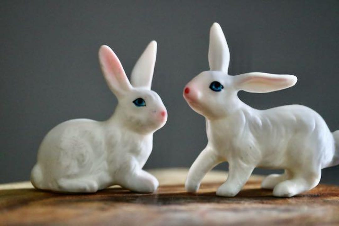 Kitsch Shiny Rabbit Vintage Miniature White Rabbit Figurines, Cute Kitschy Spring Decor, 2 ...