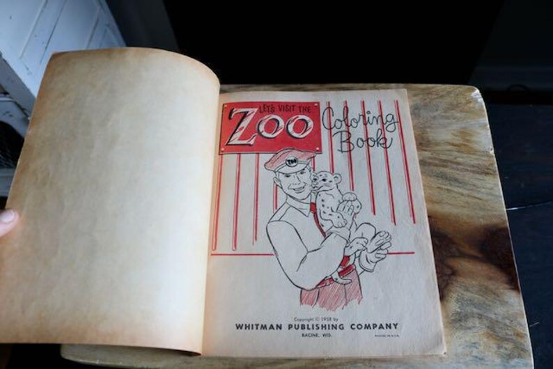 Vintage Whitman Lets Visit the Zoo Coloring Book, 1958 Kitschy Color Book with drawings of Animals & People, Collector Gift, Grannycore, NOS image 4