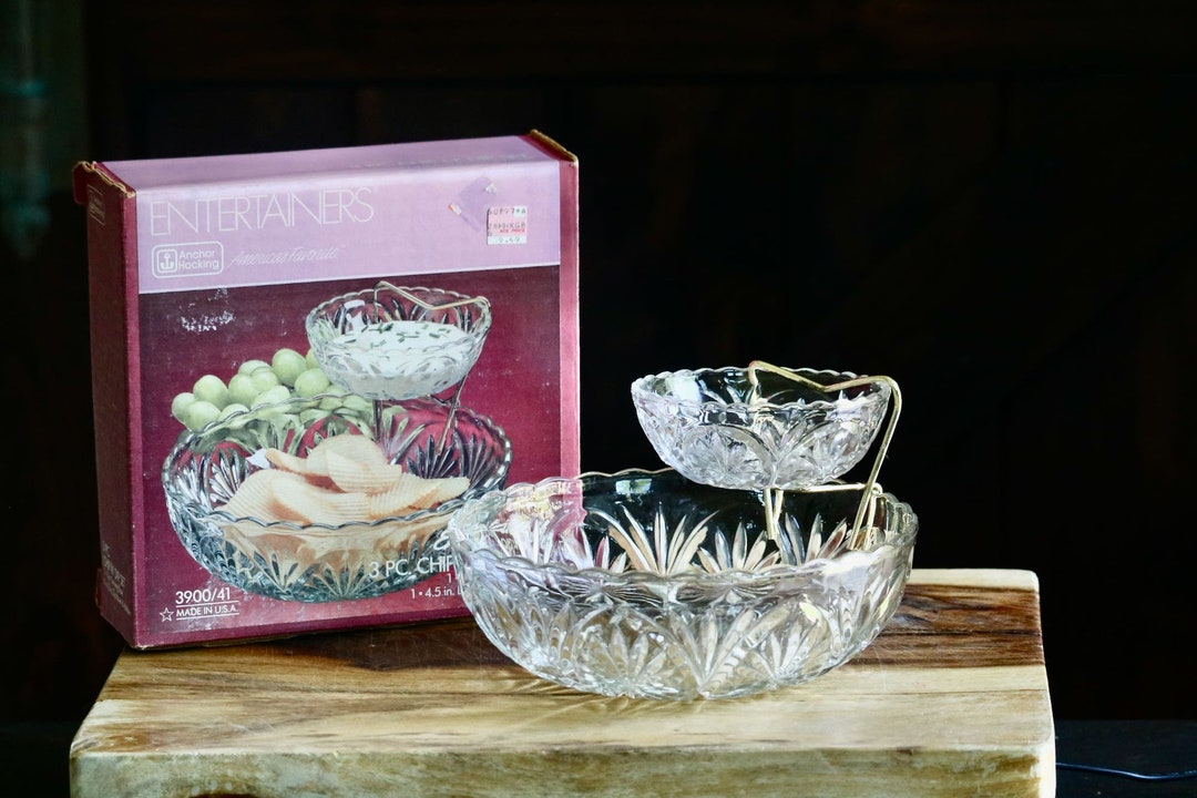 Vintage Anchor Hocking 3 Piece Chip and Dip Set, Retro Partyware, Cute