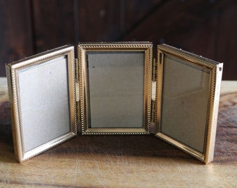 Vintage Tri-Fold Picture Frame, Retro Mantel Decor, 2 x 3 Inch Brass and Glass Hinged Photo Frames, Gift for Grandma, School Picture Frames