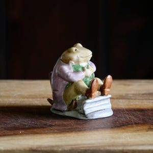 May include: A ceramic figurine of a frog wearing a pink coat and green scarf, seated on a book. The frog has brown shoes and a light green face. The figurine is on a wooden surface.