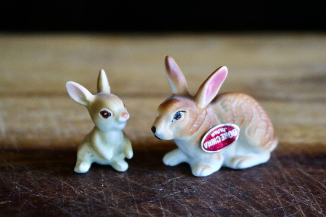 Kitsch Shiny Rabbit Vintage Miniature Bunny Figurines, Kitschy Cute Spring Decor, 2 Bone ...