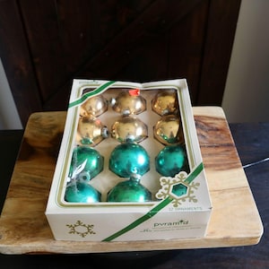 Mercury Glass Ball Ornaments, Vintage Christmas Decor, 12 Green & Gold Bulb Christmas Tree Ornaments, Traditional Holiday Decor, Grannycore