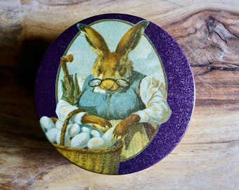 Lady Rabbit Cookie Tin, Spring Decor, Round Purple Metal Easter Container, Hostess Gift, Antique Pictures of Bunnies and Chicks, Grannycore