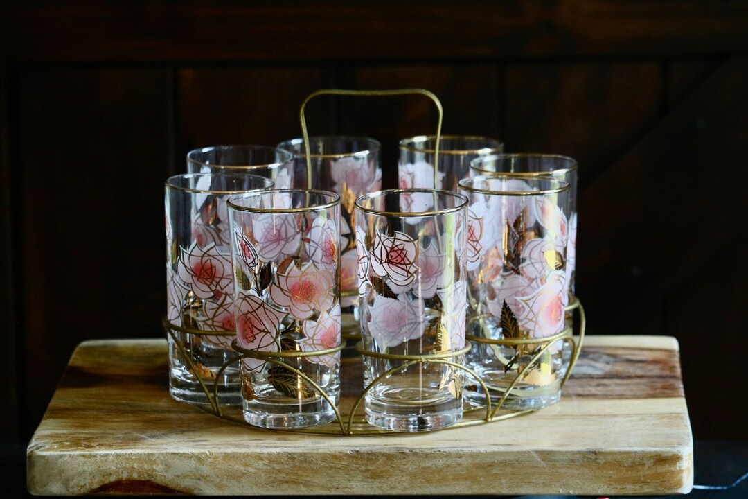 Vintage Stylized Rose Tumblers With Carrier, Retro Kitchenalia, 8 Pink ...