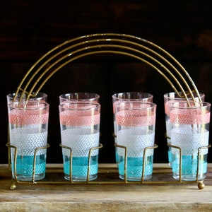 Vintage Anchor Hocking Geometric Tumblers with Carrier, Retro Kitchenalia, Pink White & Teal Drinking Glasses, Mid Century Kitchen Drinkware