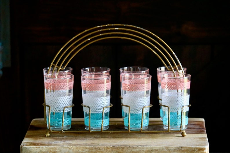 Vintage Anchor Hocking Geometric Tumblers with Carrier, Retro Kitchenalia, Pink White & Teal Drinking Glasses, Mid Century Kitchen Drinkware