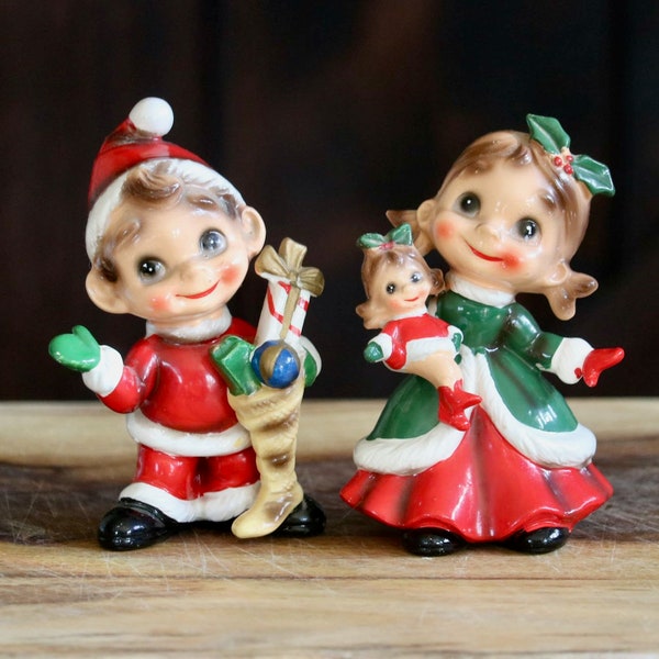 Josef Originals Wee Folk Figurines, Vintage Christmas Decor, Cute Girl with Doll, Boy holding Stocking, Collector Gift, Grannycore Kitsch