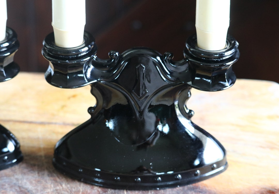 Vintage Black Amethyst Glass Candle Holders, Bougie Table Decor, 2