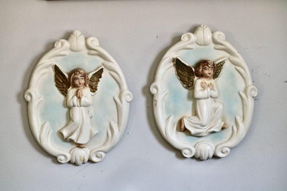 Vintage Chalkware Angel Plaques, Kitschy Wall Hangings, Cute 3D