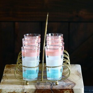 Vintage Anchor Hocking Geometric Tumblers with Carrier, Retro Kitchenalia, Pink White & Teal Drinking Glasses, Mid Century Kitchen Drinkware