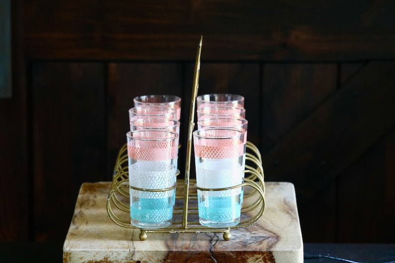 Vintage Anchor Hocking Geometric Tumblers with Carrier, Retro Kitchenalia, Pink White & Teal Drinking Glasses, Mid Century Kitchen Drinkware