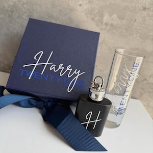 Personalised Birthday Gift Box with Shot Glass & Keyring Hip Flask, 18th, 21st, 30th Keepsake Navy Blue