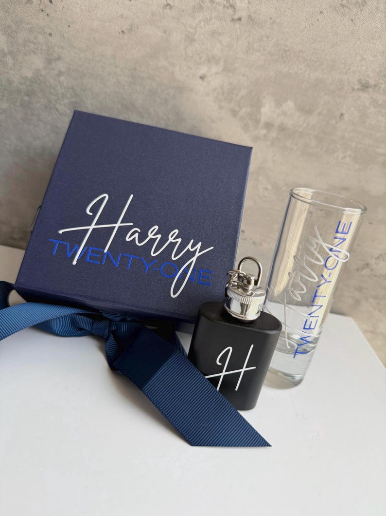 Personalised Birthday Gift Box with Shot Glass & Keyring Hip Flask, 18th, 21st, 30th Keepsake Navy Blue