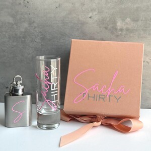 Personalised Birthday Gift Box with Shot Glass & Keyring Hip Flask, 18th, 21st, 30th Keepsake Rose Gold