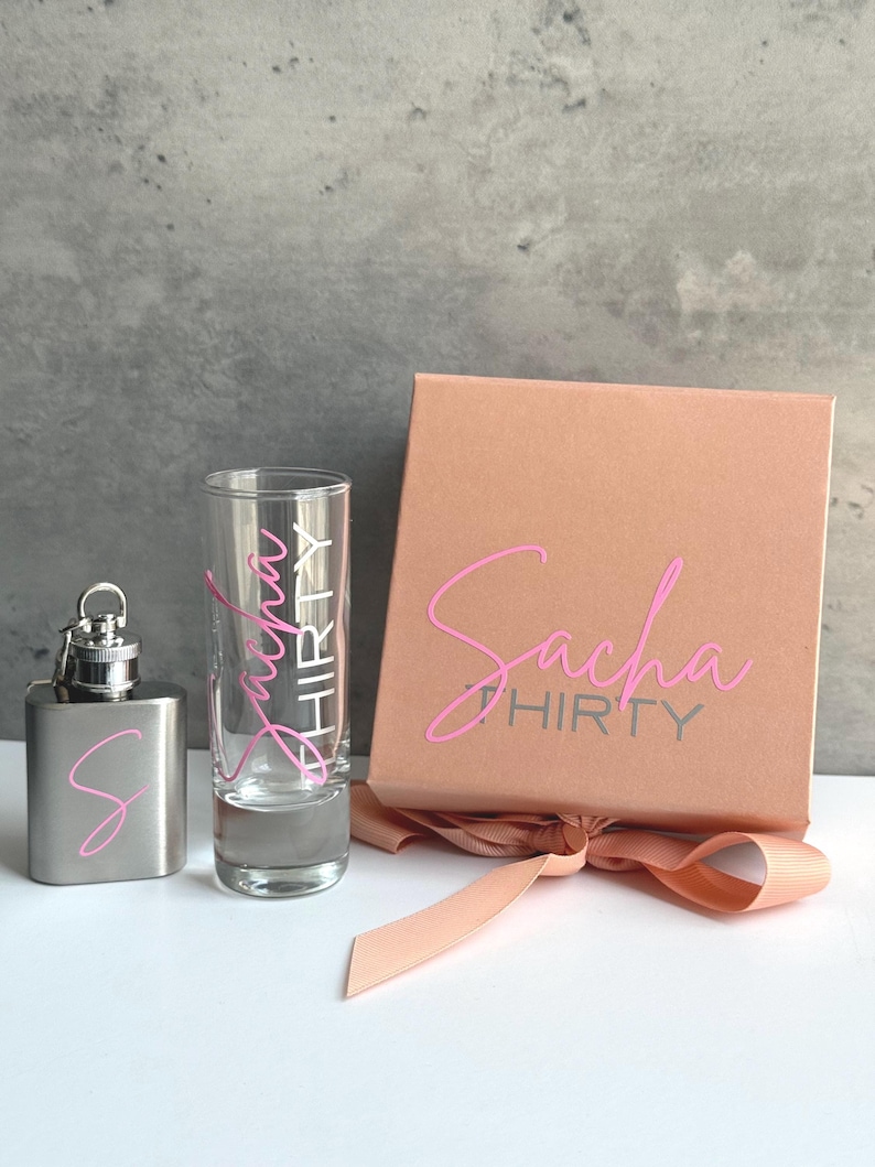 Personalised Birthday Gift Box with Shot Glass & Keyring Hip Flask, 18th, 21st, 30th Keepsake Rose Gold